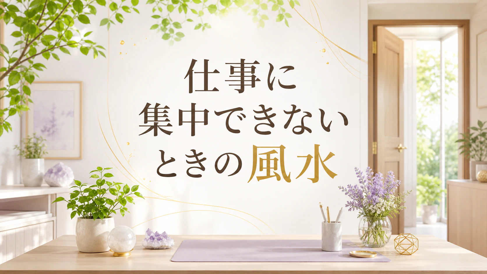自然光の仕事机に「仕事に集中できないときの風水」と記した記事アイキャッチ