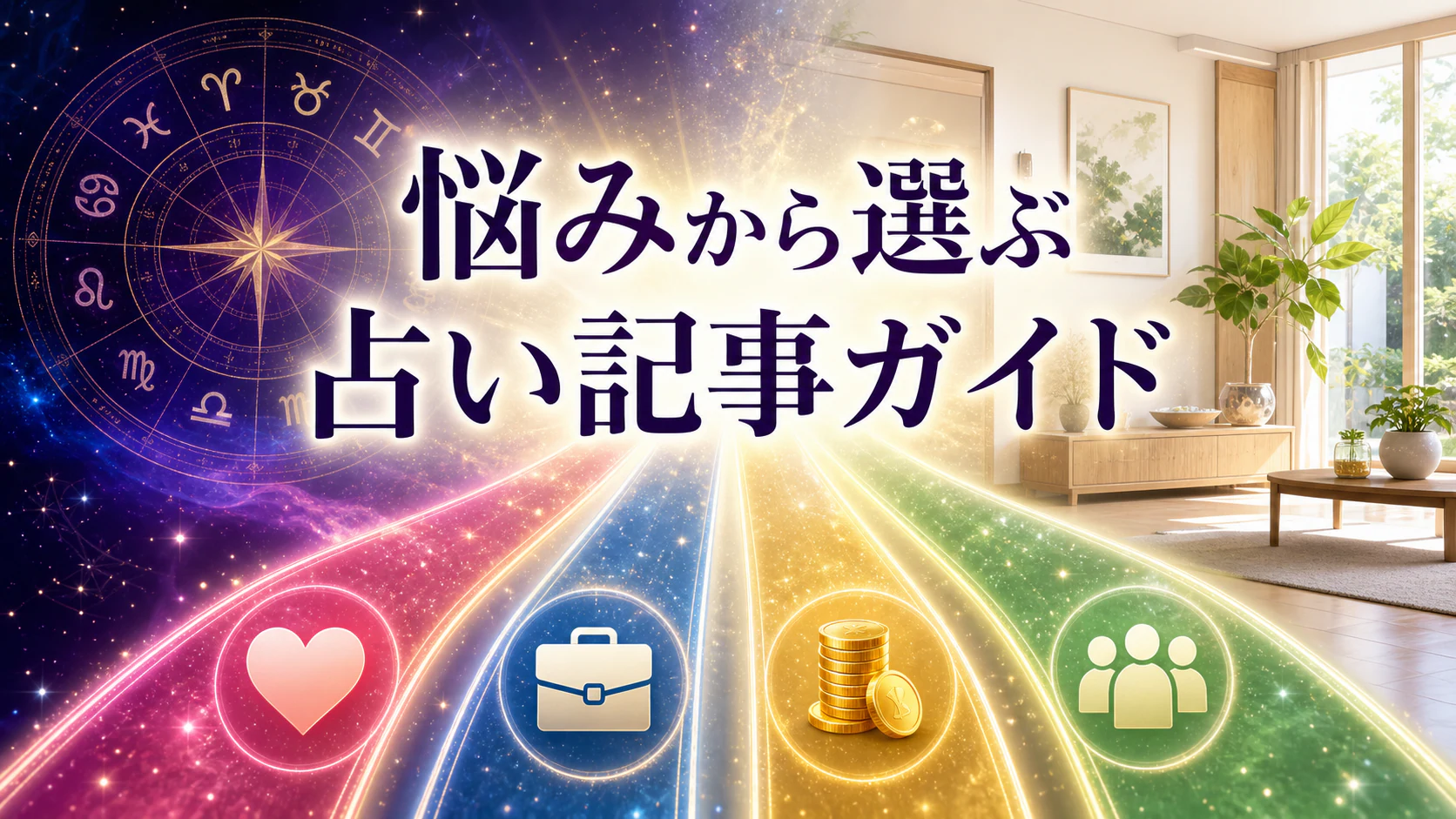 星と住まいから四つの悩みへ続く「悩みから選ぶ占い記事ガイド」のアイキャッチ