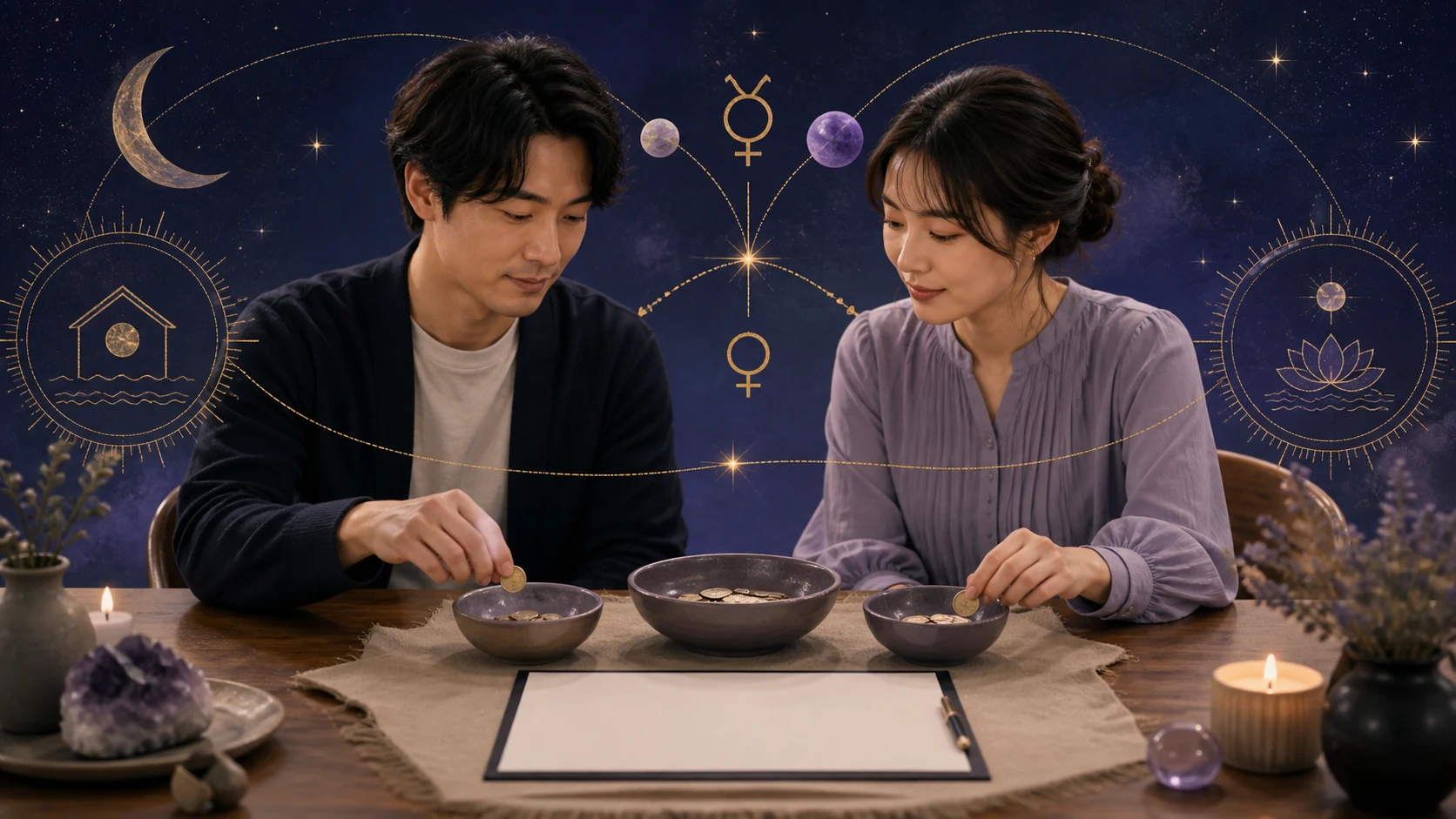 夫婦が家計の二つの器と星の配置を穏やかに見比べるアイキャッチ