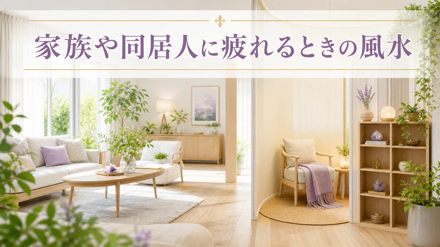 共有と個人の場所が調和する部屋に「家族や同居人に疲れるときの風水」と記した記事アイキャッチ