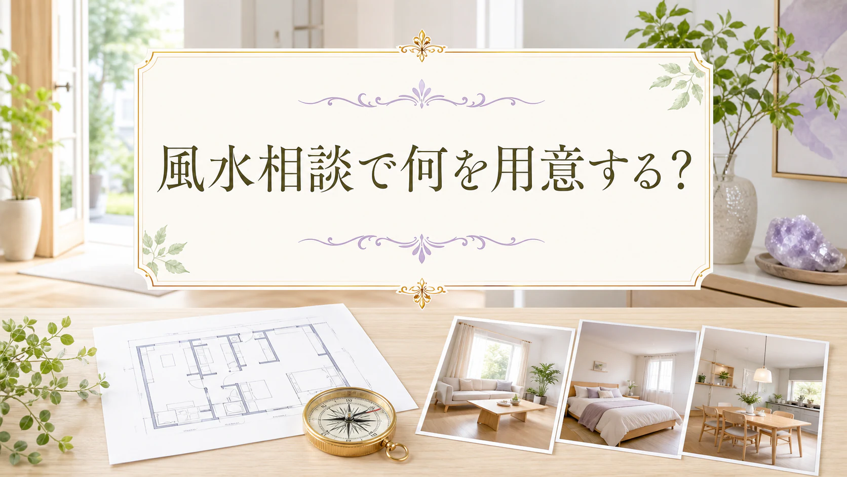 明るい住まいで間取り図・方位磁針・写真をそろえる風水相談準備の記事アイキャッチ