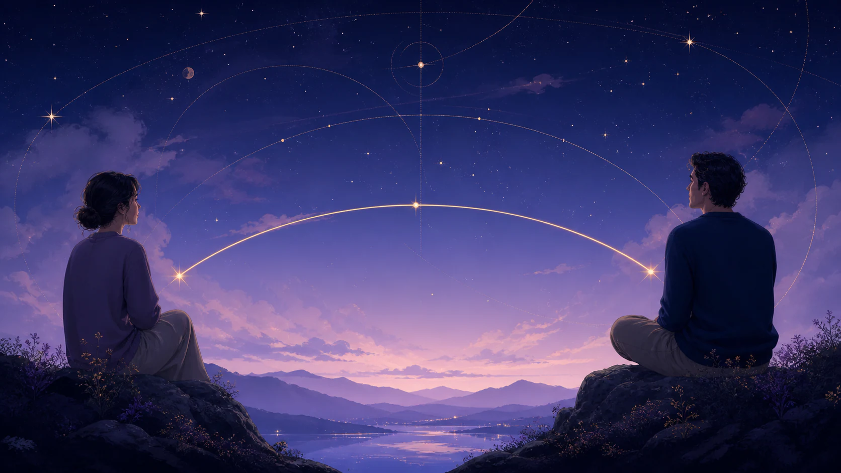 二人の友人の間に穏やかな余白と星の軌道が描かれたアイキャッチ