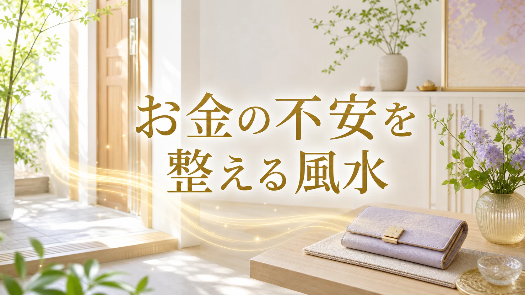 明るい玄関と財布に「お金の不安を整える風水」と記した記事アイキャッチ