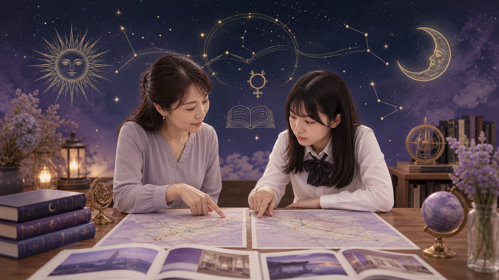 異なる進路の地図を親子で穏やかに見比べるアイキャッチ