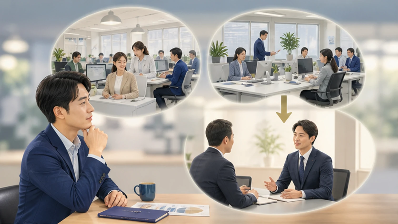 同じ会社の二つの部署の間で進路を考える人物のイメージ