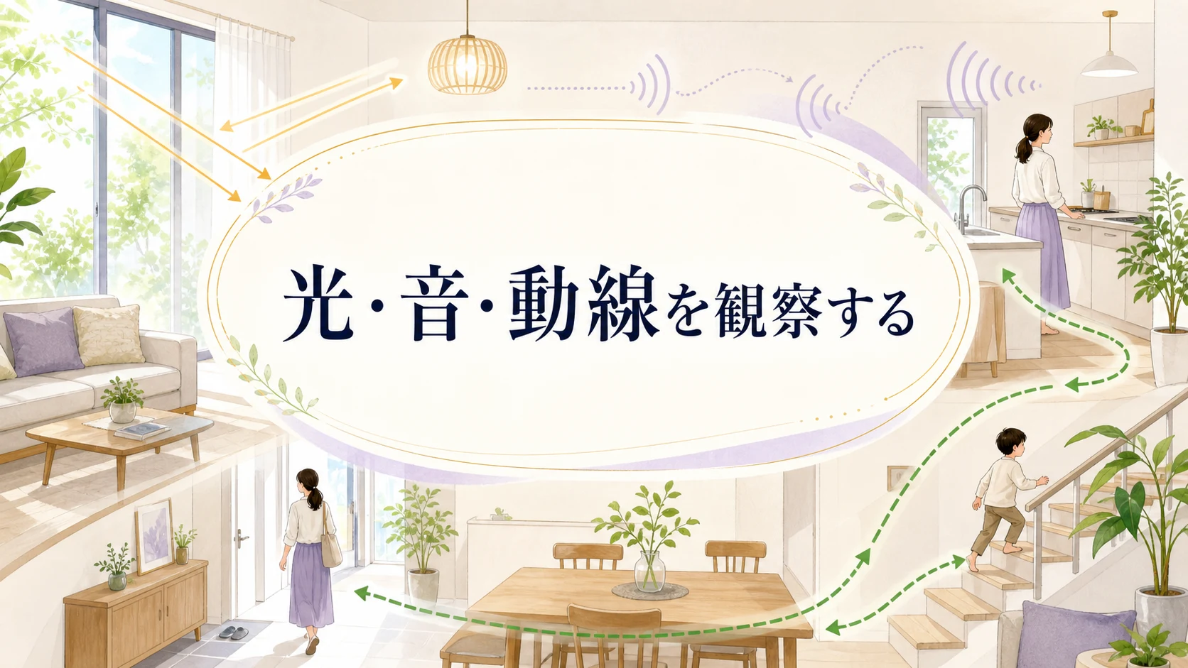 家の中を流れる気の速さを穏やかに整えるイメージ