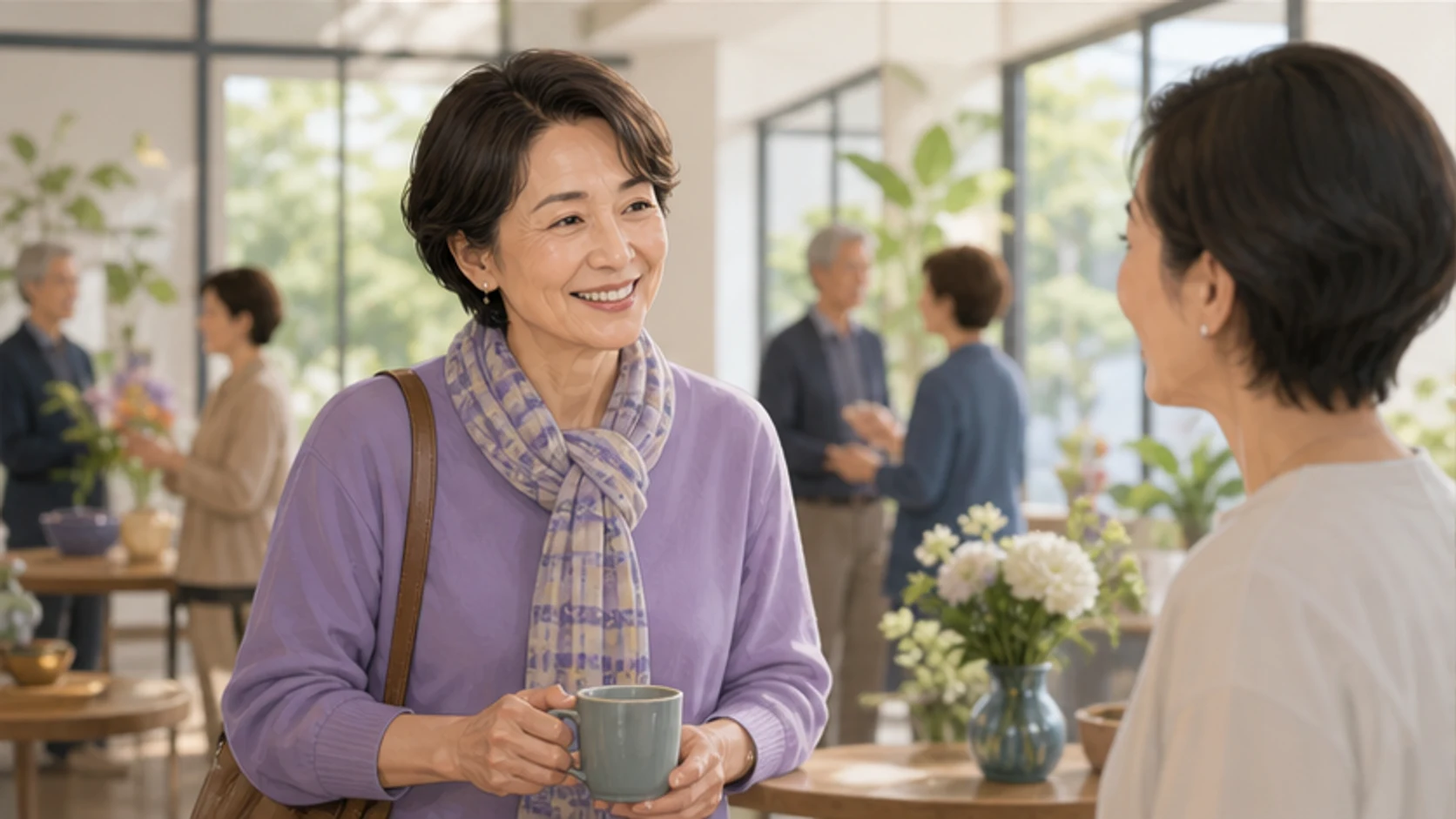 50代から新しい交流へ歩き出す人物と柔らかな花明かりのイメージ