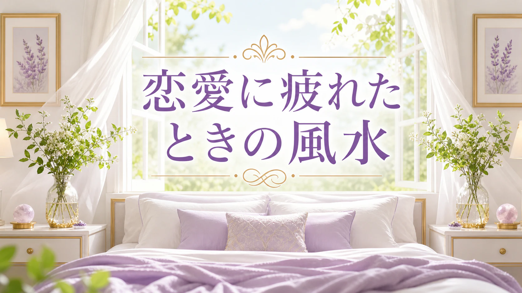 柔らかな朝の寝室に「恋愛に疲れたときの風水」と記した記事アイキャッチ