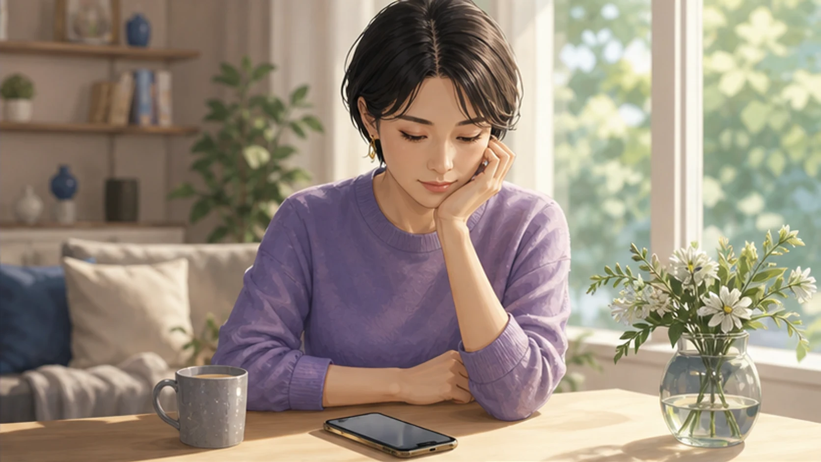 返事を待つスマートフォンと静かな時計を描いた落ち着いたイメージ