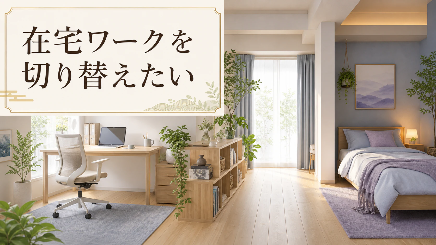 自然光の入るワンルームで仕事机と休む場所を陰陽に分けた風水記事のアイキャッチ
