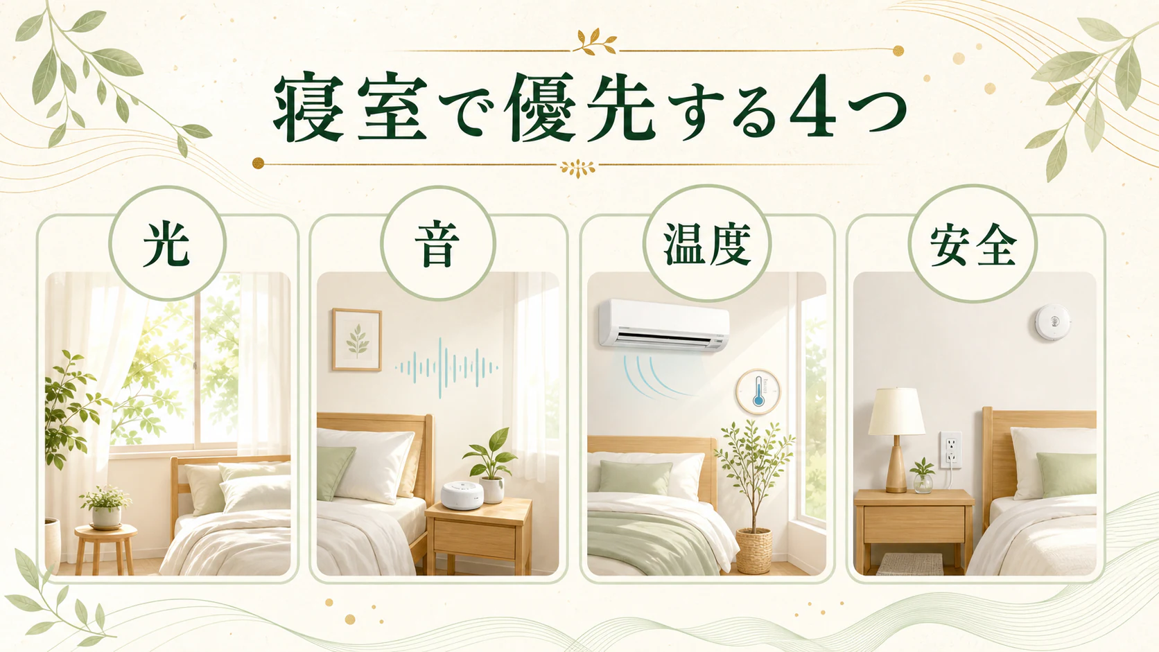 眠るための光と音を確認するを暮らしの中で分かりやすく整理した図