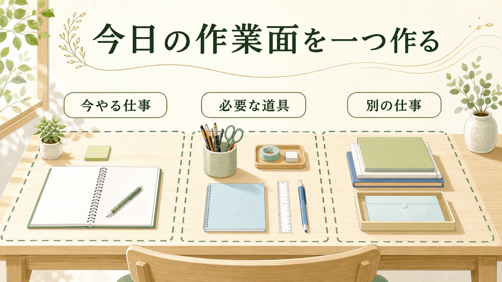 机に今日の作業面を作るを暮らしの中で分かりやすく整理した図