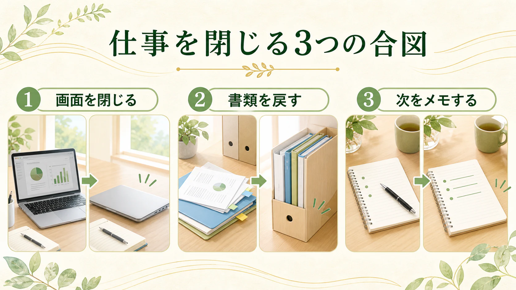 終了の合図で仕事を閉じるを暮らしの中で分かりやすく整理した図