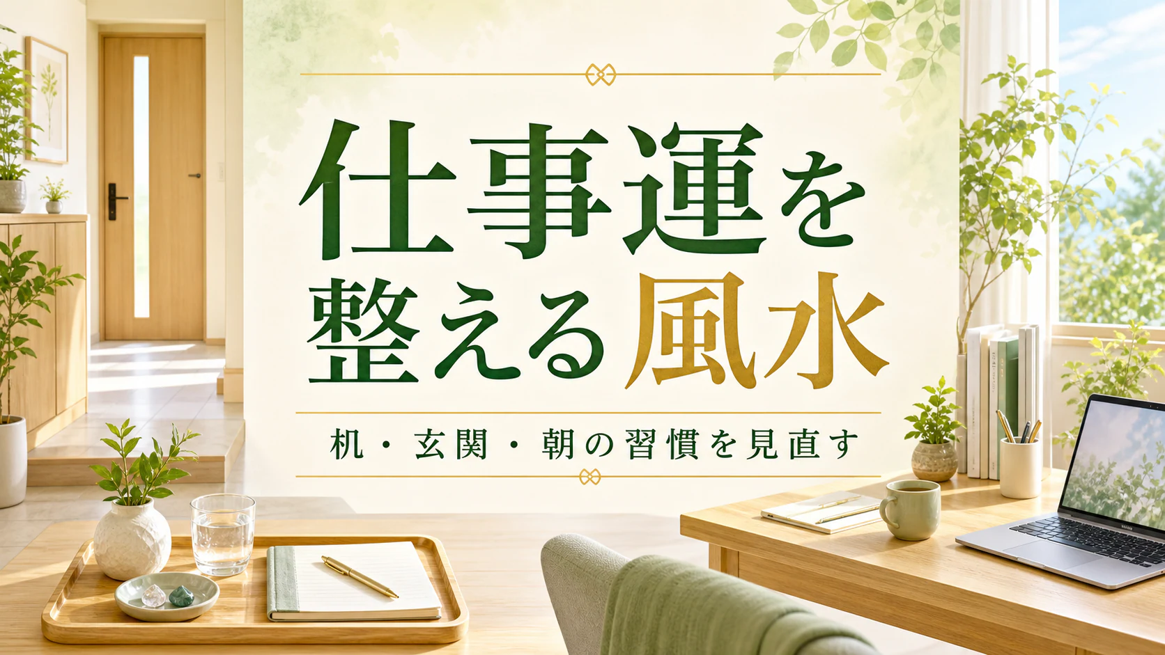 明るい仕事机と玄関、朝の準備を一続きに描いた仕事運風水アイキャッチ