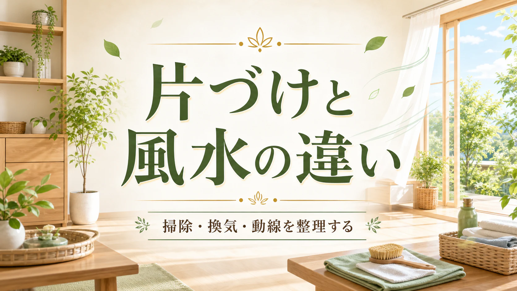 明るい部屋で片づけ掃除換気動線の四つを整理したアイキャッチ