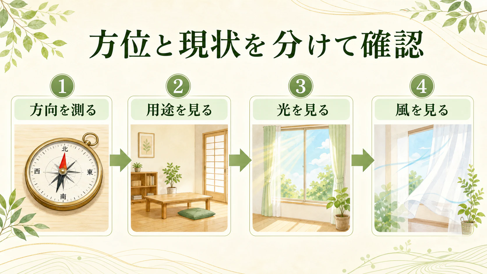 初心者は方位と現状を二段に分けて見るを暮らしの中で分かりやすく整理した図