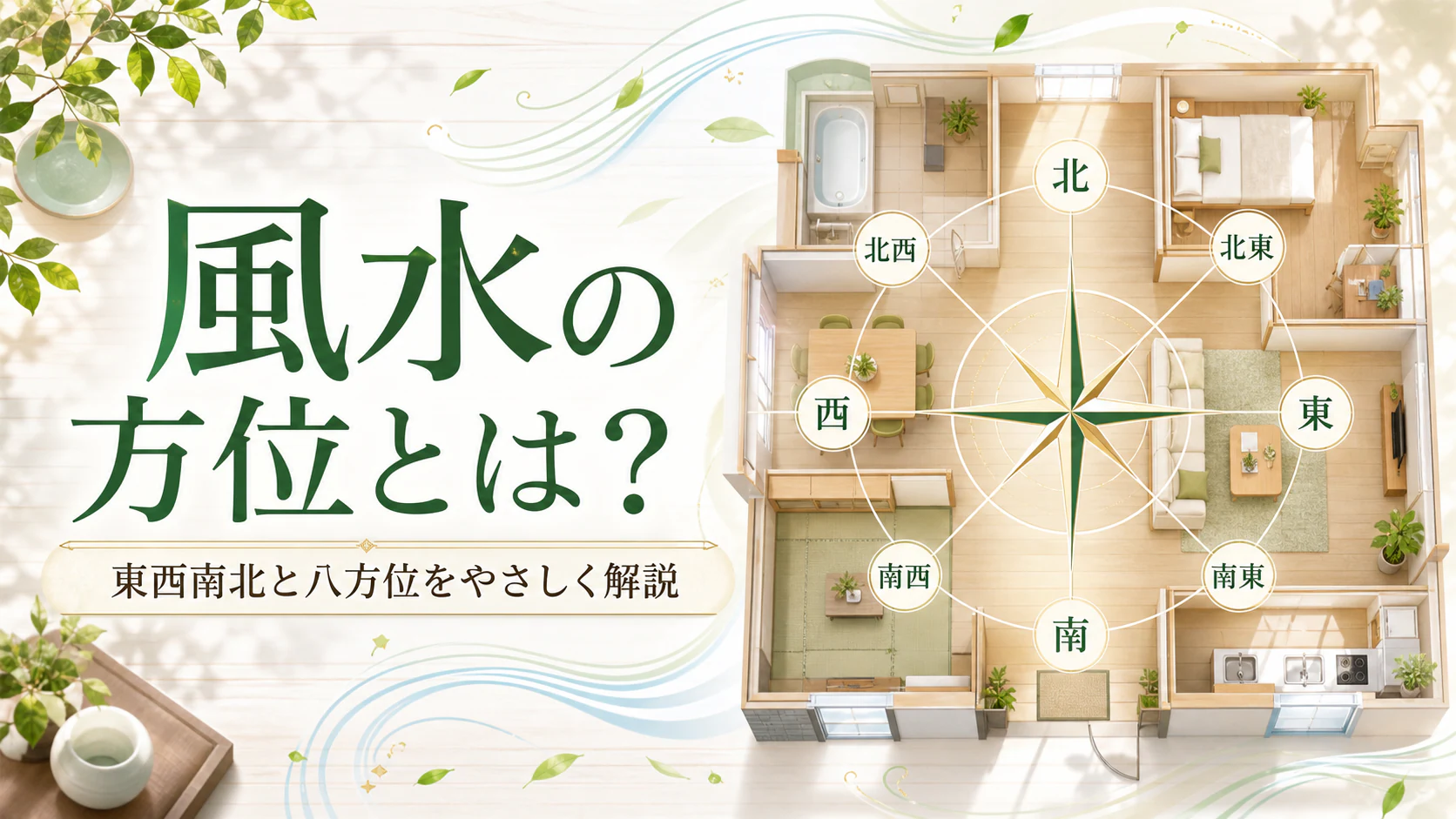 明るい家の間取りに東西南北と八方位を重ねた風水方位のアイキャッチ