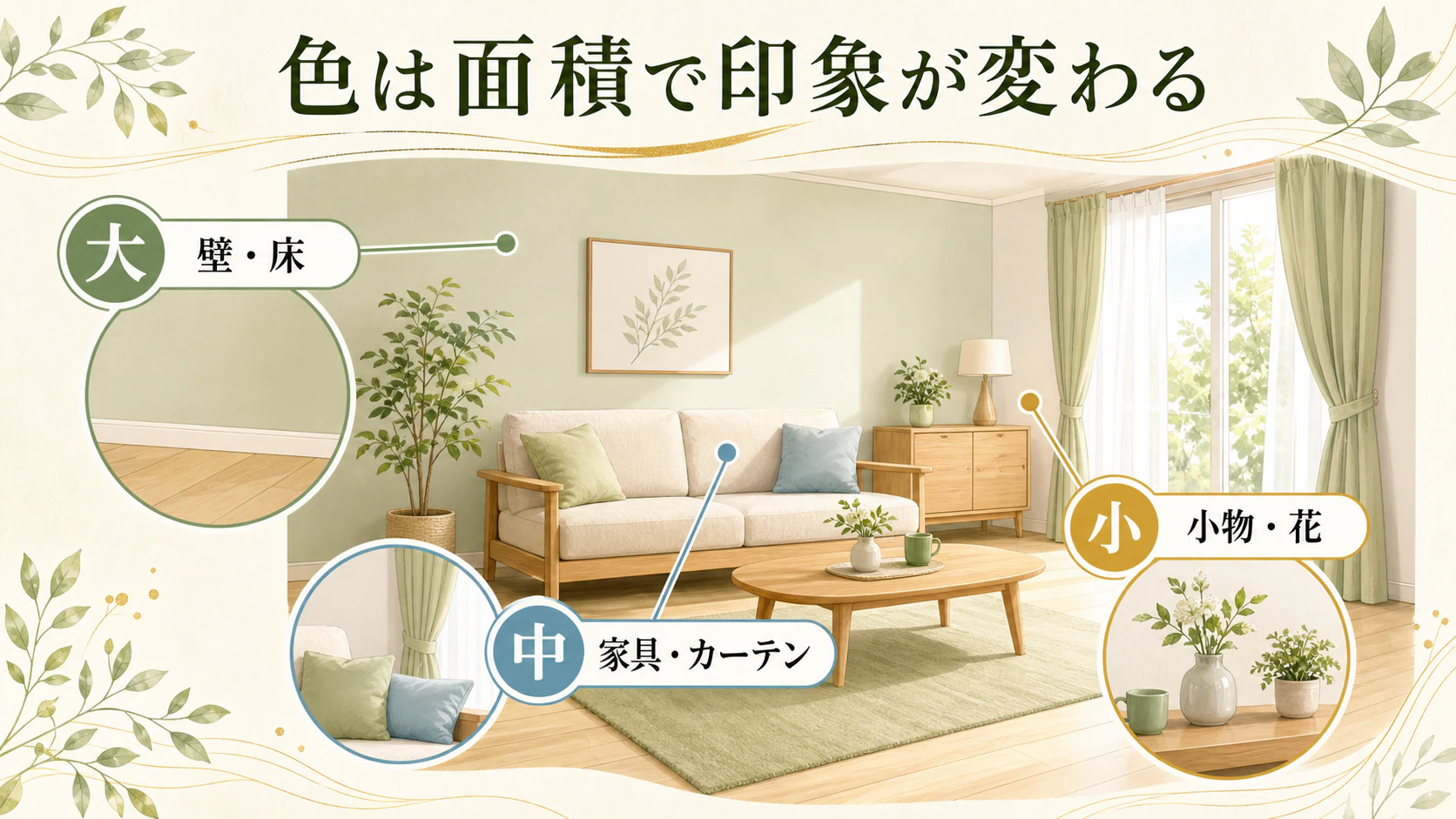 面積が大きいほど色の影響は強くなるを暮らしの中で分かりやすく整理した図