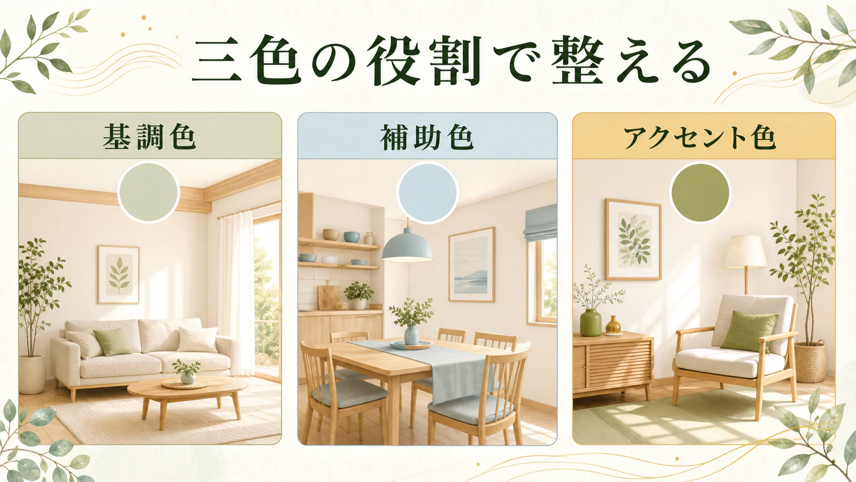 三色の役割でまとめるを暮らしの中で分かりやすく整理した図