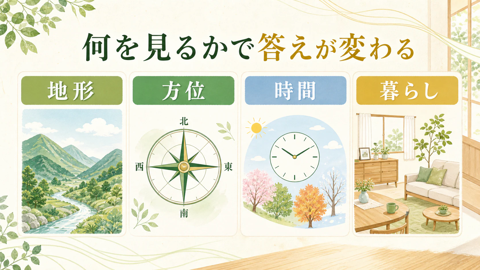 地形を見る方法と方位を見る方法があるを暮らしの中で分かりやすく整理した図