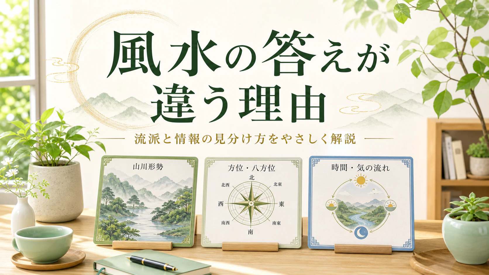 地形・方位・時間という異なる風水の見方を明るい図で表したアイキャッチ