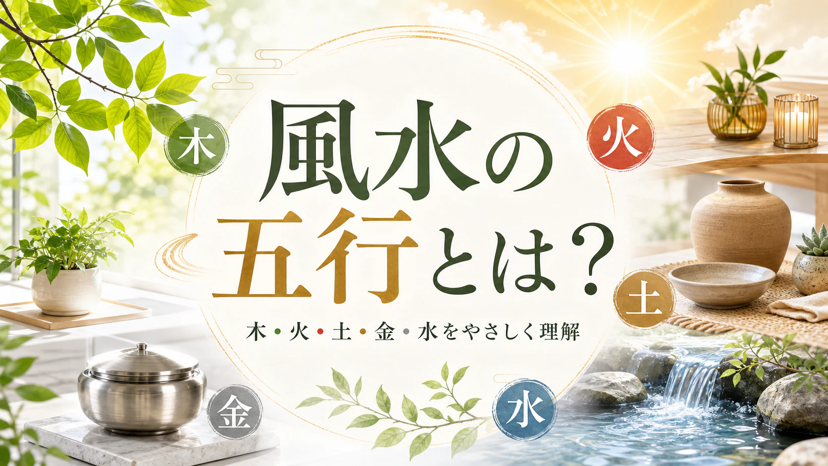 木・火・土・金・水を明るい自然のモチーフで表した五行のアイキャッチ