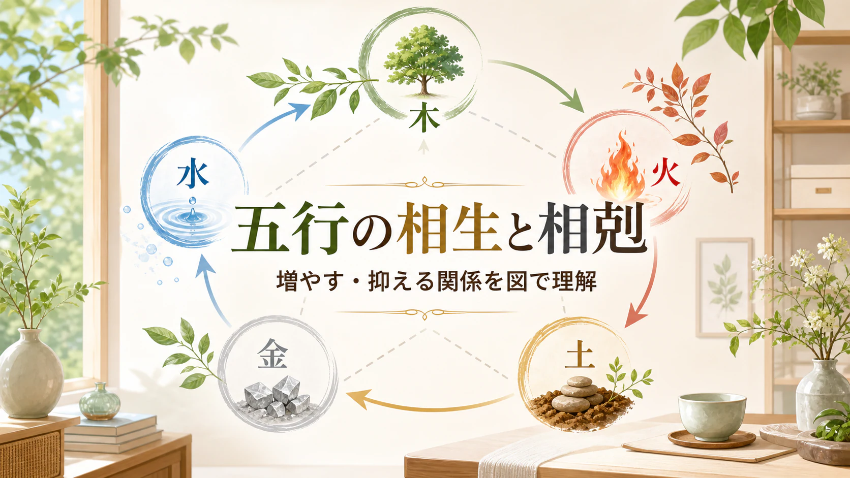 木火土金水を明るい円環と星形の線で示した相生相剋アイキャッチ