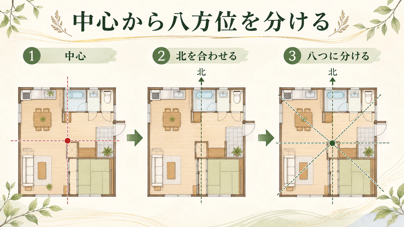 北を合わせて八方位を重ねるを暮らしの中で分かりやすく整理した図