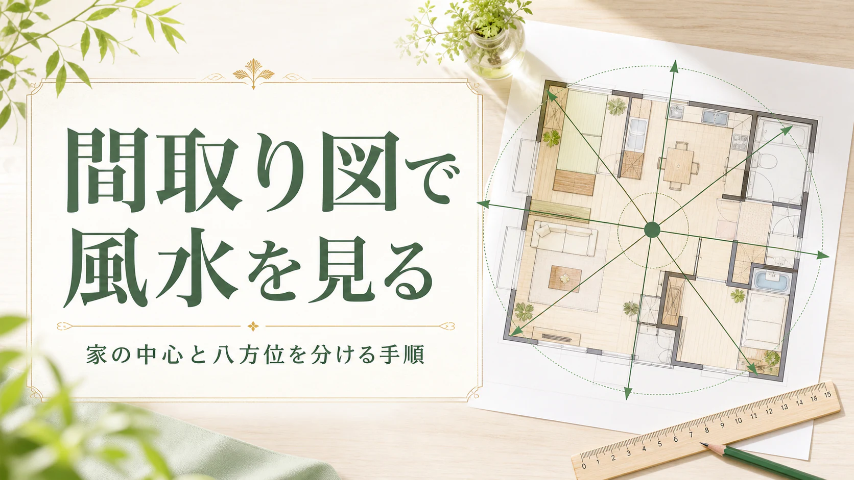 明るい間取り図に中心と八方位を重ねた初心者向け風水アイキャッチ