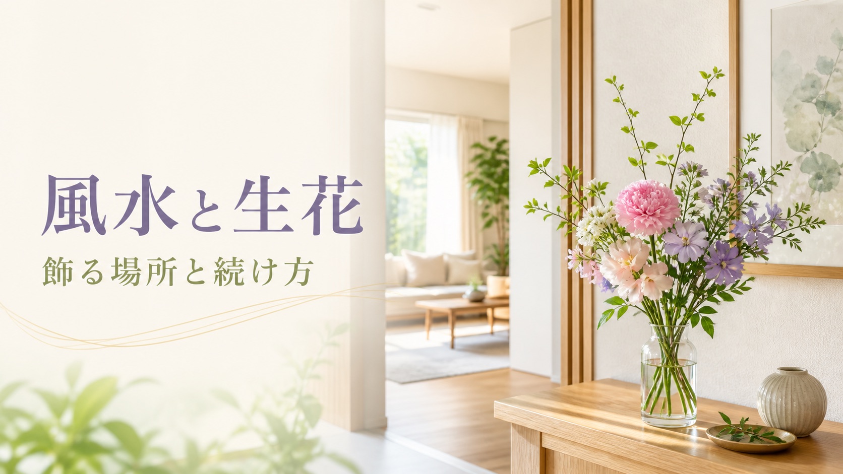 明るい住まいに季節の生花を飾り、場所と続け方を示した画像