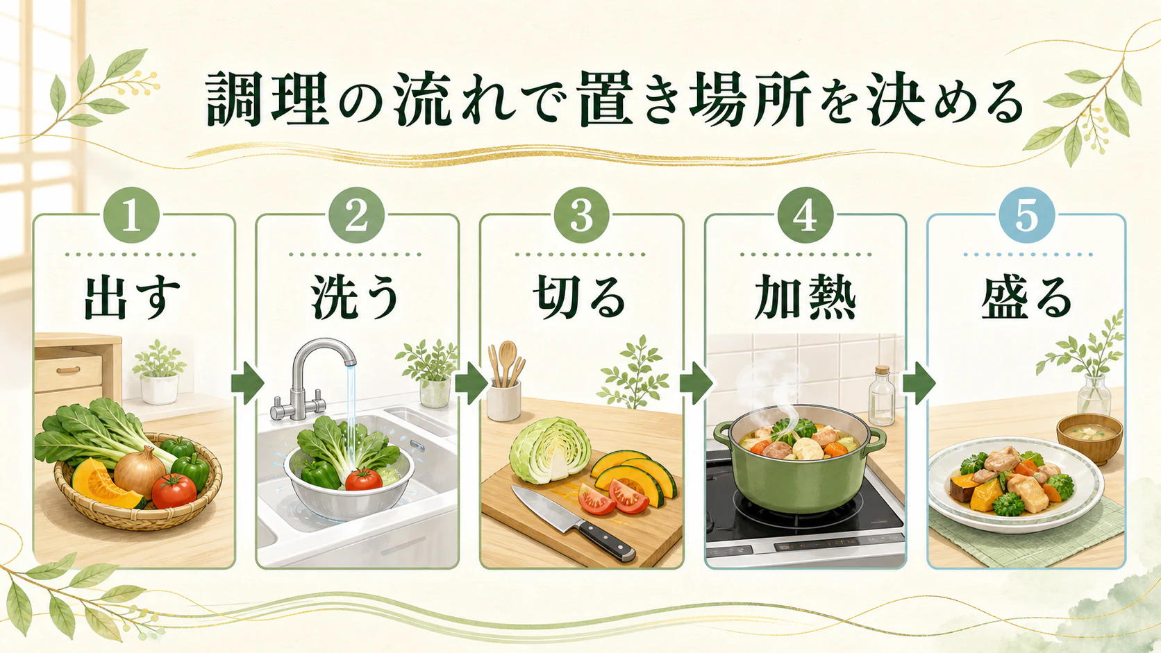 調理の流れに沿って置き場所を決めるを暮らしの中で分かりやすく整理した図