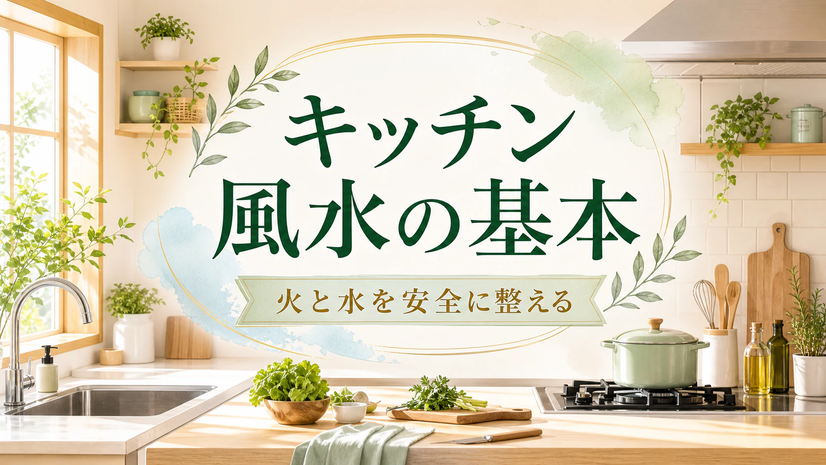 日差しの入る清潔なキッチンで火と水の作業場所を表したアイキャッチ