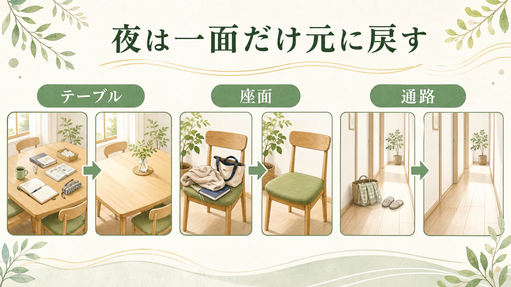 一日の終わりに一面だけ戻すを暮らしの中で分かりやすく整理した図