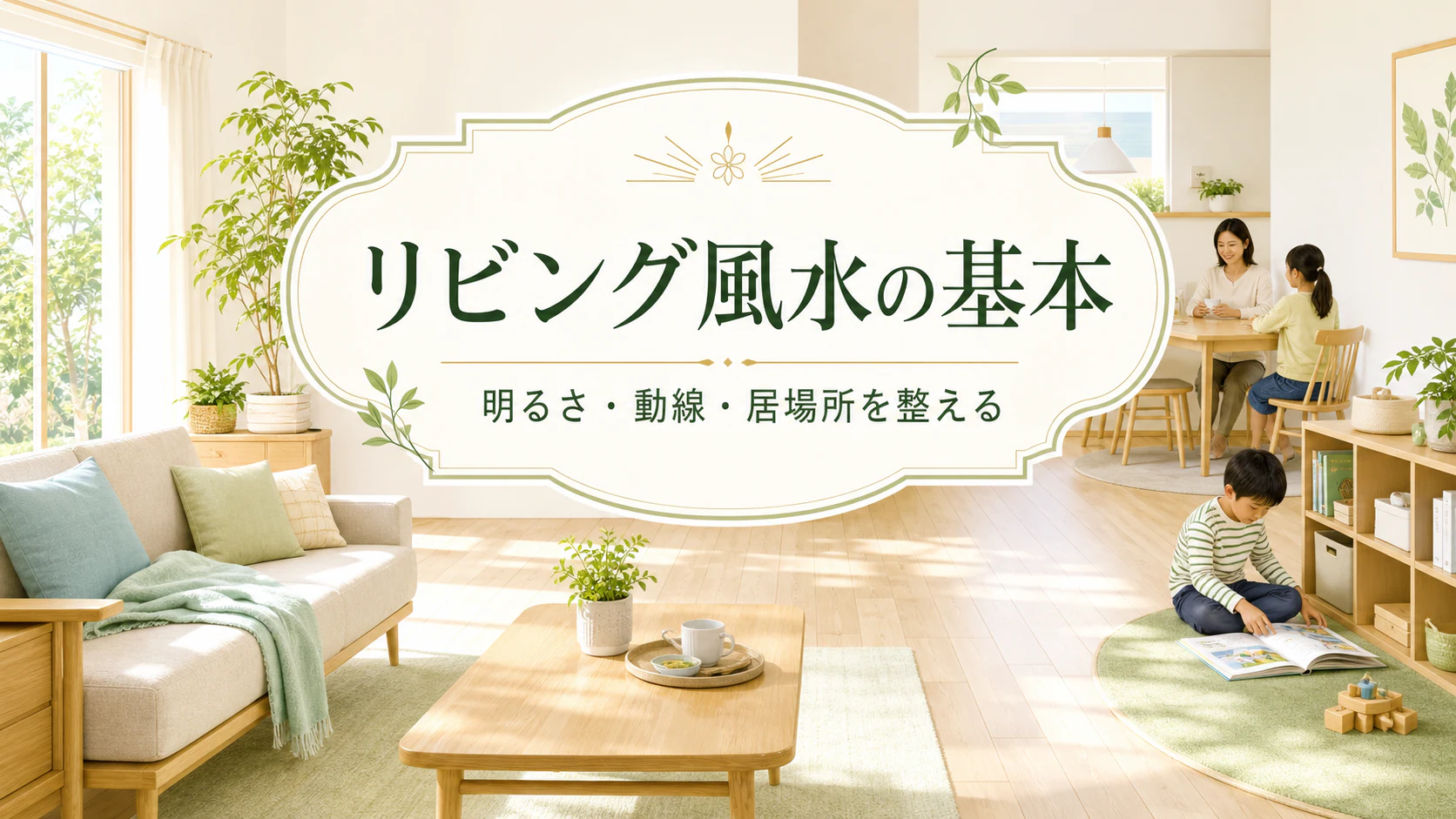 明るく風通しのよいリビングで家族の居場所と動線を表したアイキャッチ