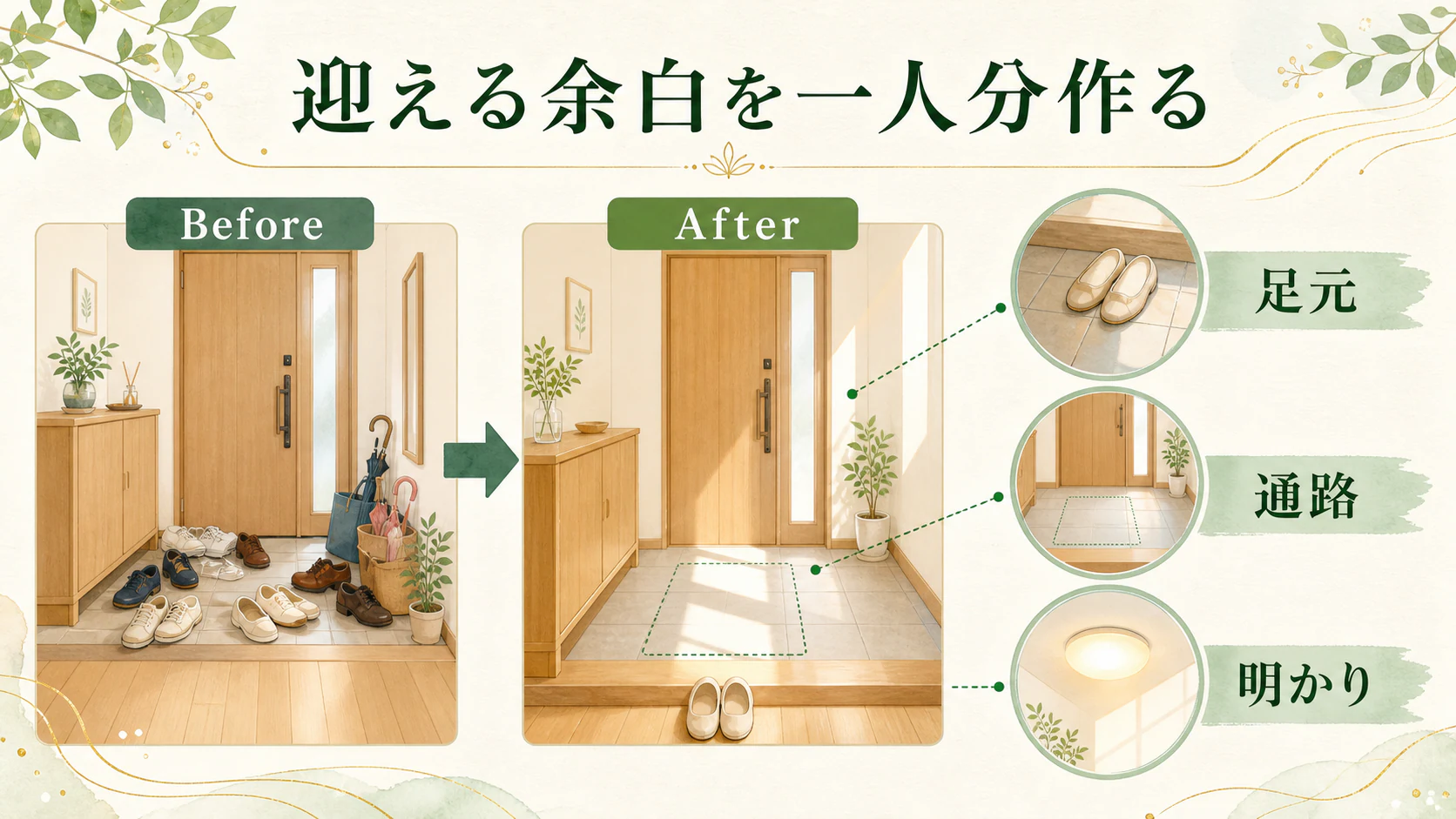 玄関に迎えるための余白を残すを暮らしの中で分かりやすく整理した図
