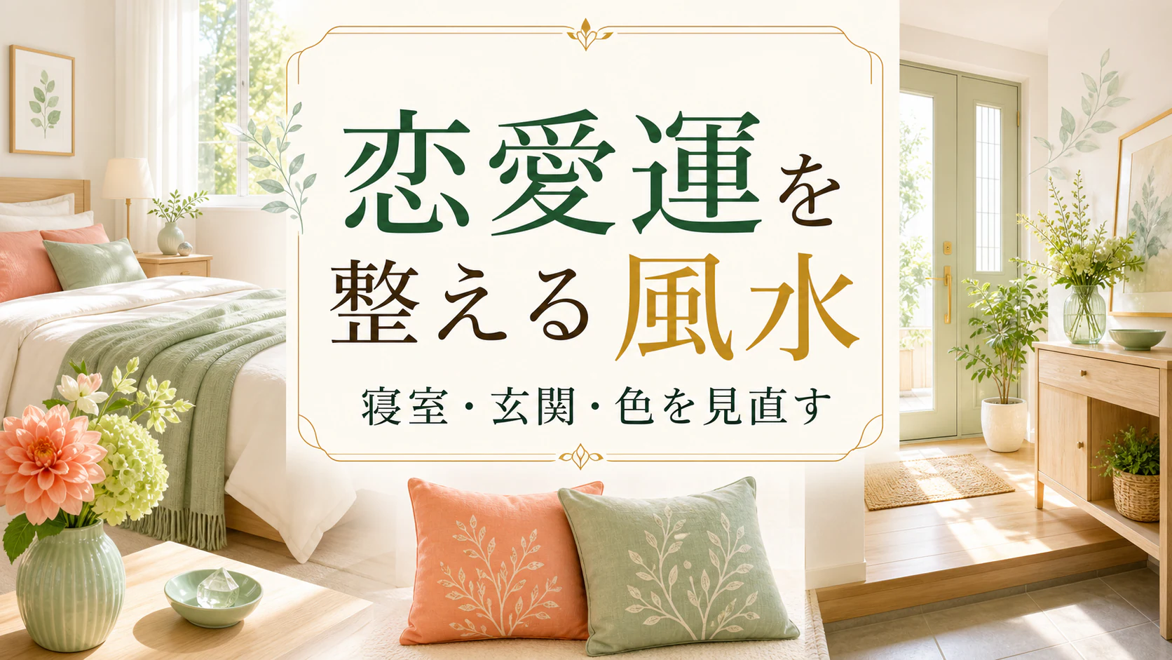 明るく穏やかな寝室と玄関に淡い花色を配した恋愛風水アイキャッチ