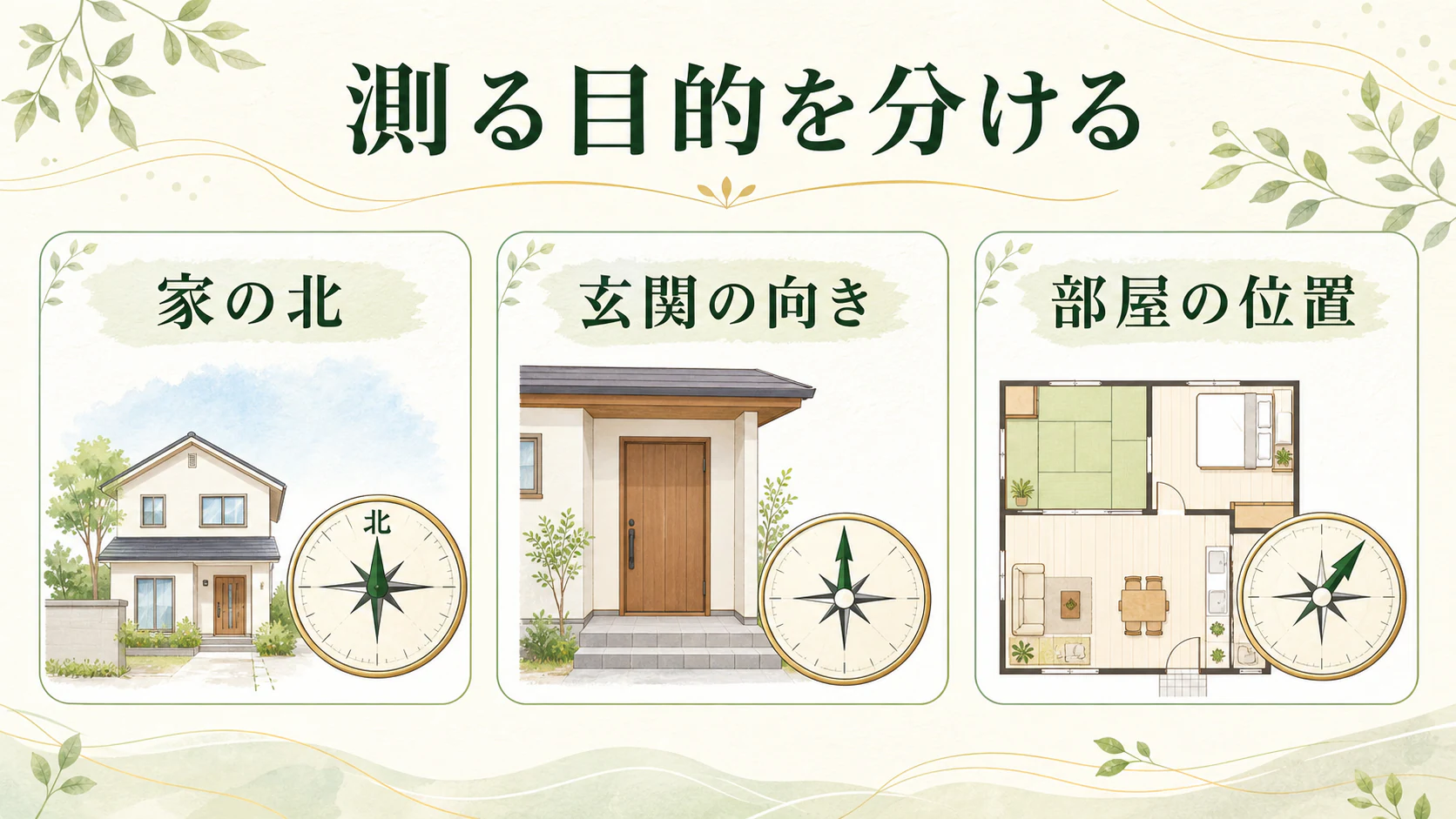 まず何の向きを測るか決めるを暮らしの中で分かりやすく整理した図