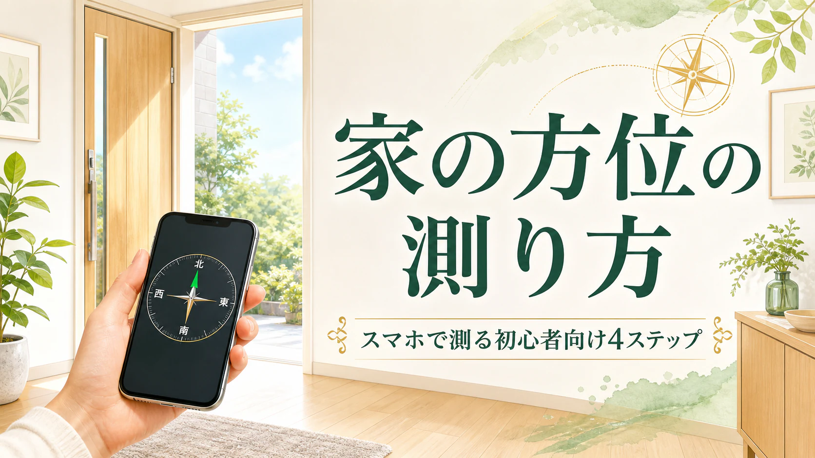明るい玄関でスマホのコンパスを確認する家の方位測定アイキャッチ