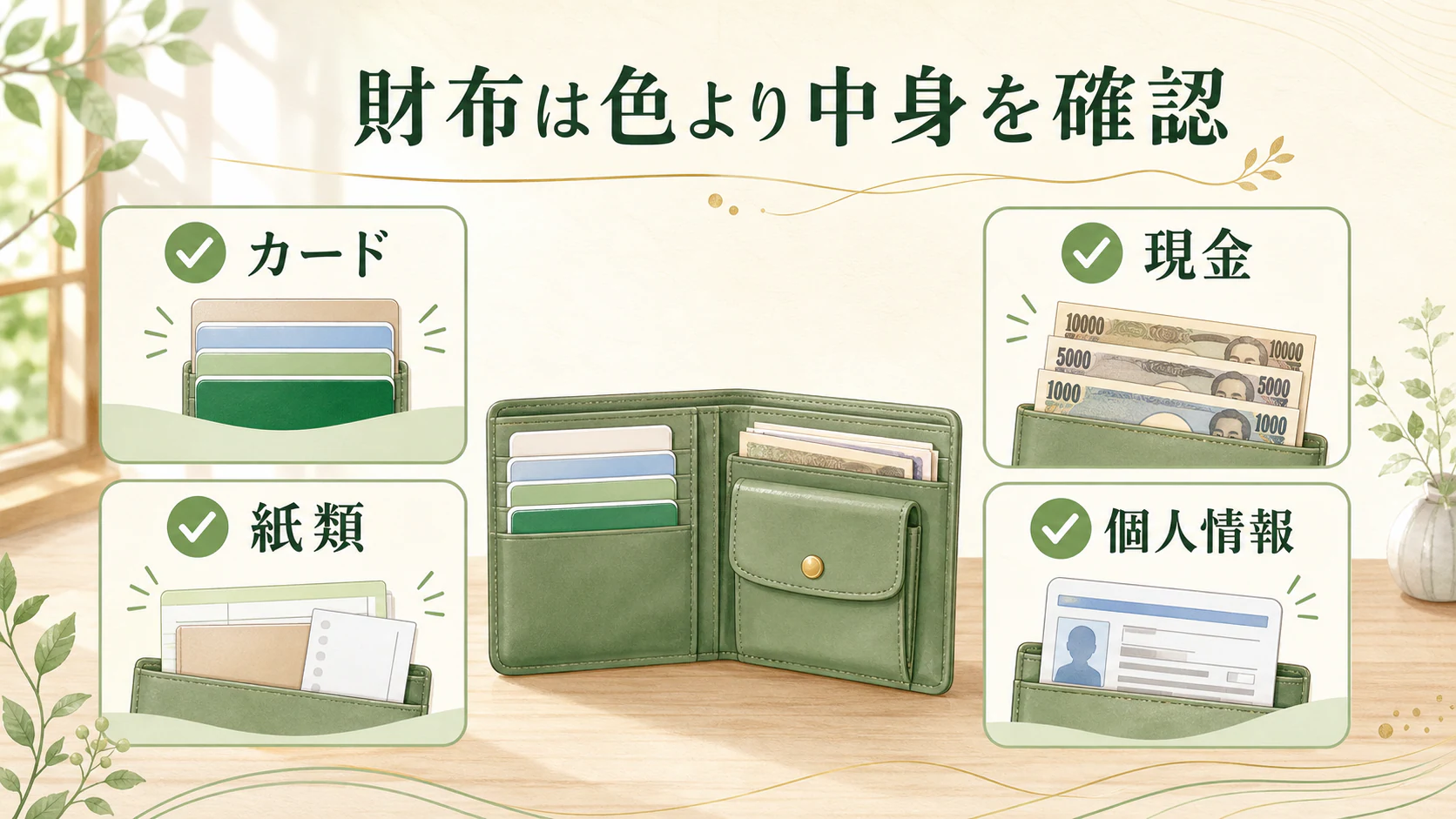 財布は色より中身の把握を優先するを暮らしの中で分かりやすく整理した図