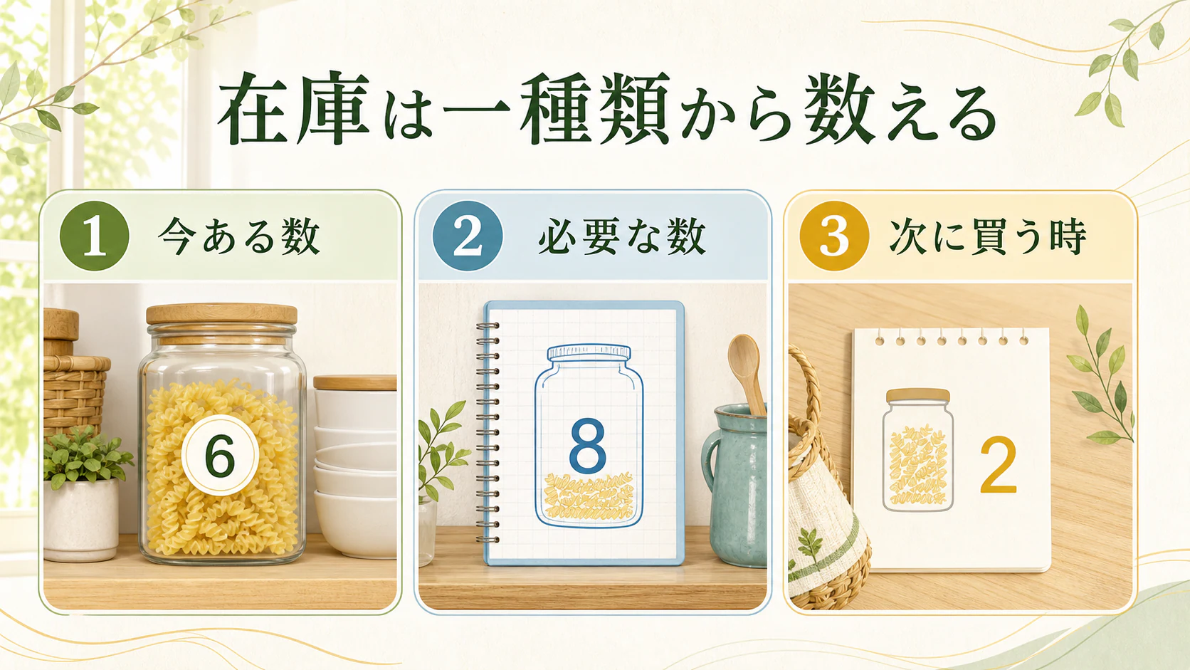 在庫を一種類だけ数えるを暮らしの中で分かりやすく整理した図