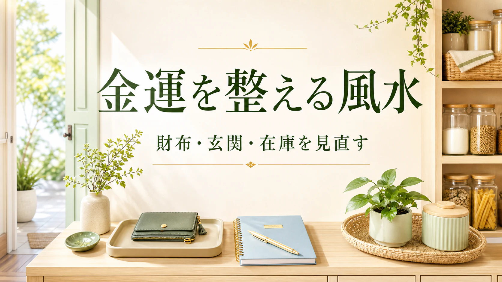 明るい玄関と整った財布や在庫表を上品に配した金運風水アイキャッチ