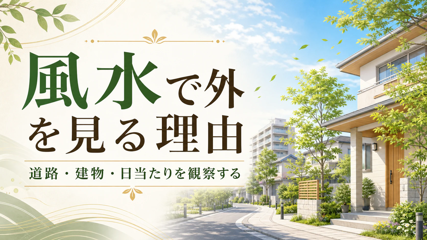 明るい住宅と道路、周囲の建物、日差し、風を描いた風水の外部環境アイキャッチ