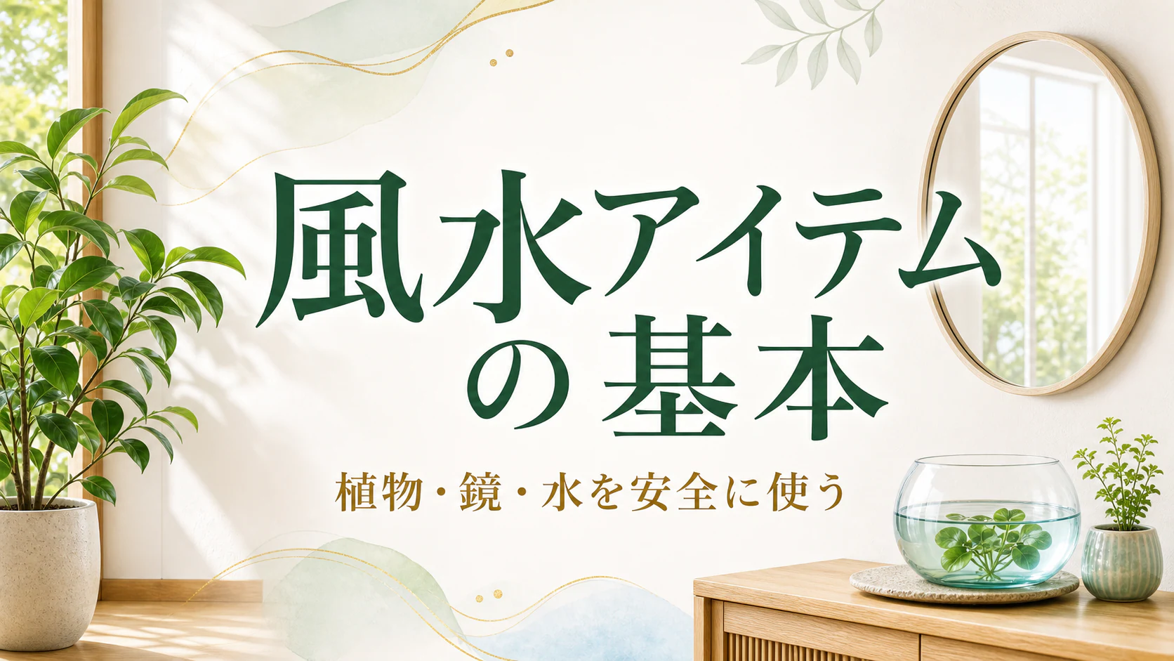 明るい室内に観葉植物と鏡と小さな水の器を安全に配置したアイキャッチ