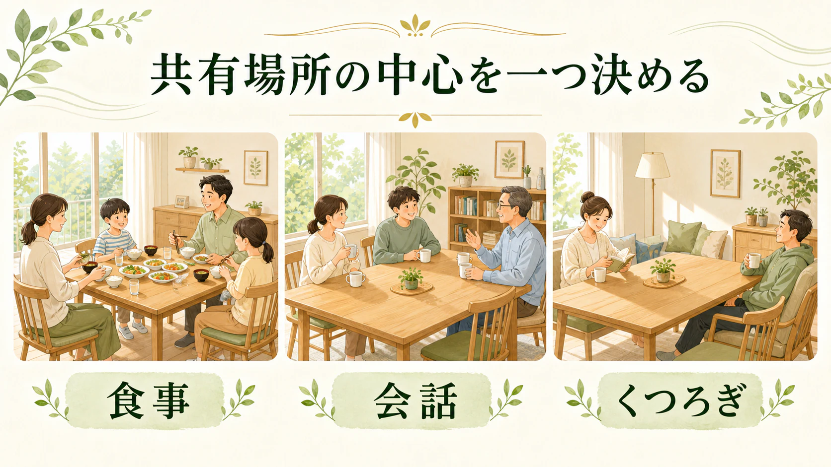 共有する場所の目的を一つ決めるを暮らしの中で分かりやすく整理した図