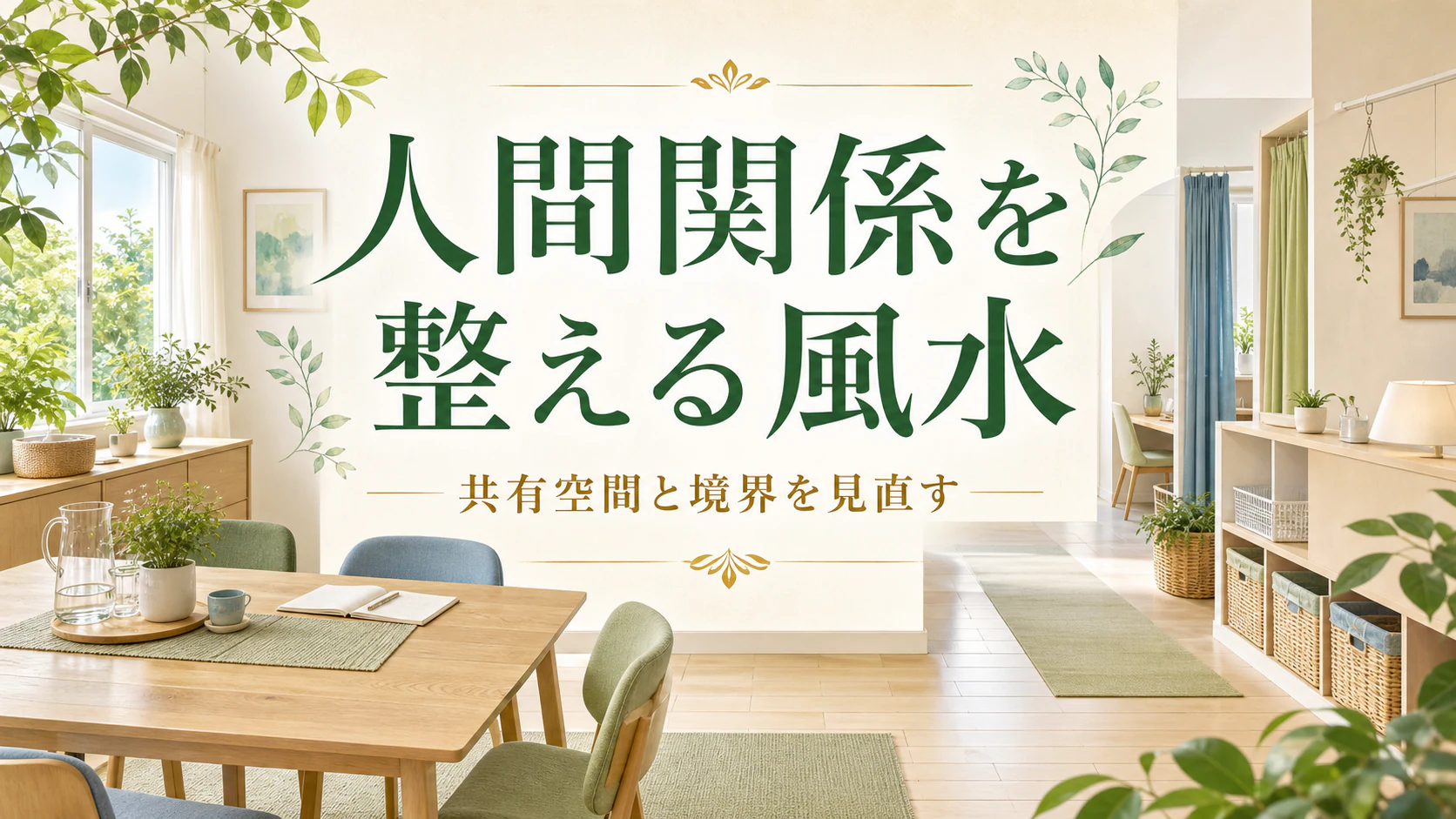 明るい共有リビングと個人の小さな居場所を調和させた人間関係風水アイキャッチ