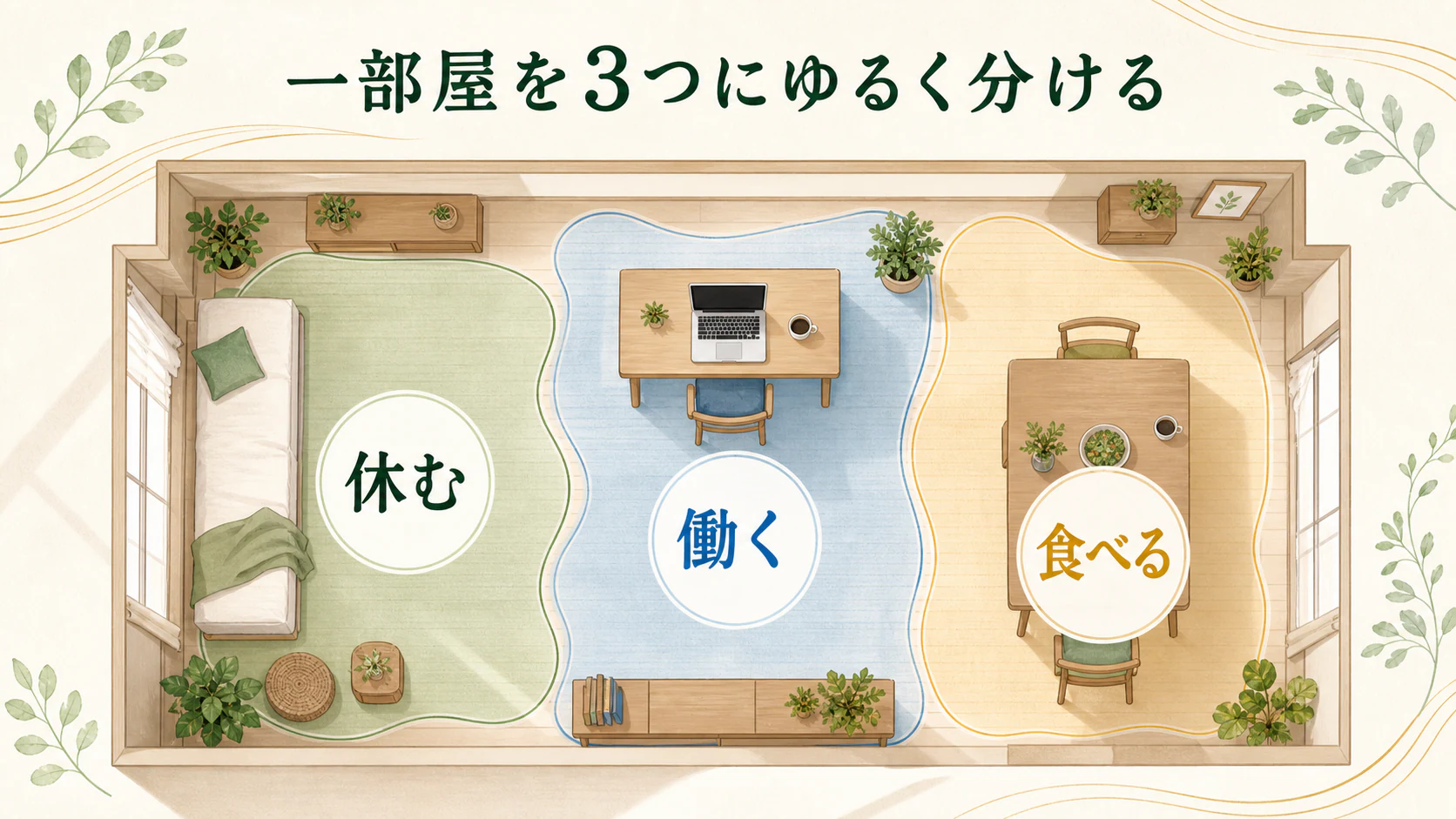 床と光で用途をゆるく分けるを暮らしの中で分かりやすく整理した図