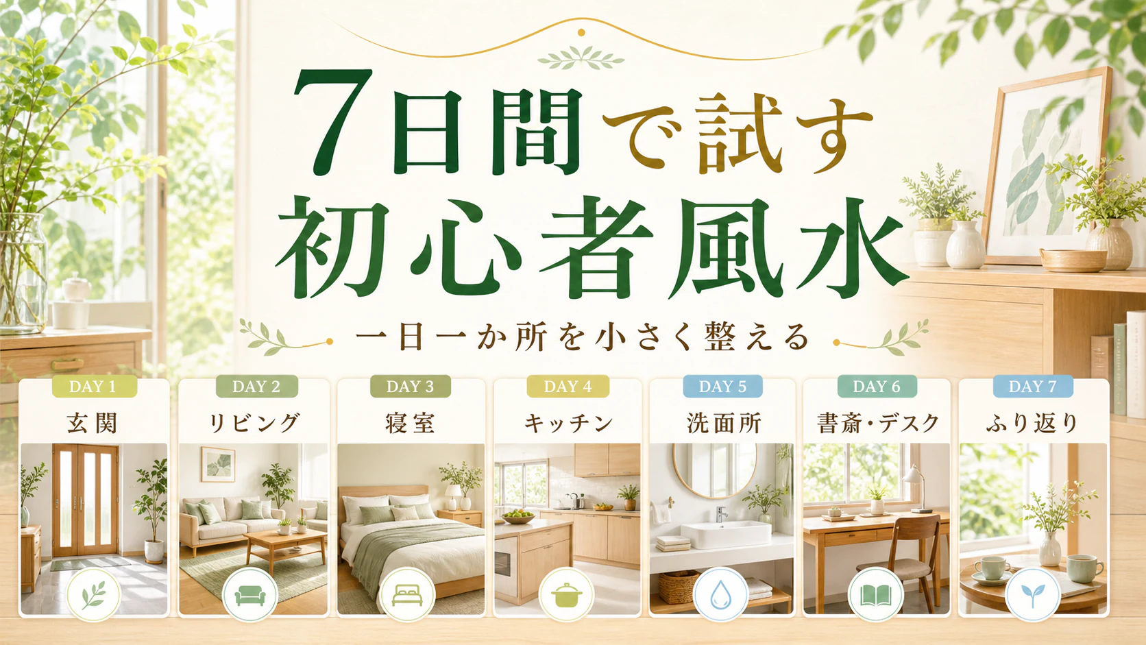 明るい家の七つの場所を一週間のカレンダーでつないだ初心者風水アイキャッチ