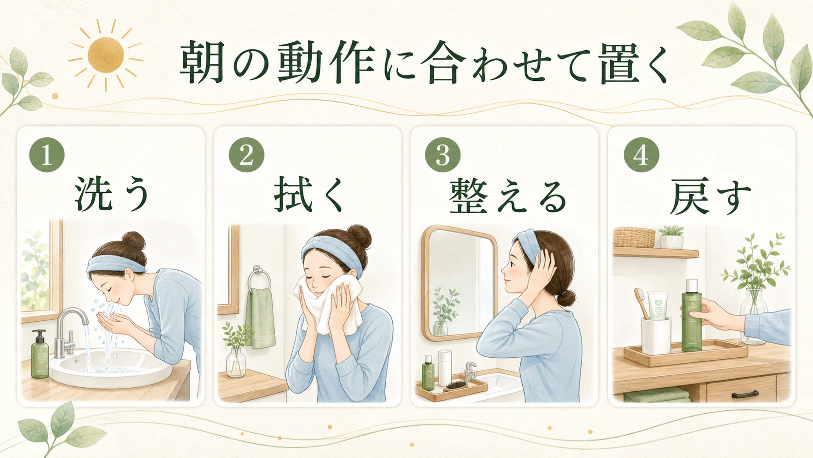 洗面所は朝の動作に合わせるを暮らしの中で分かりやすく整理した図