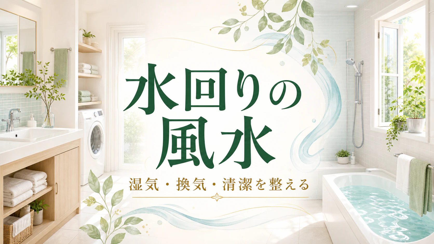 明るく清潔な洗面所と浴室で換気と水の流れを表したアイキャッチ