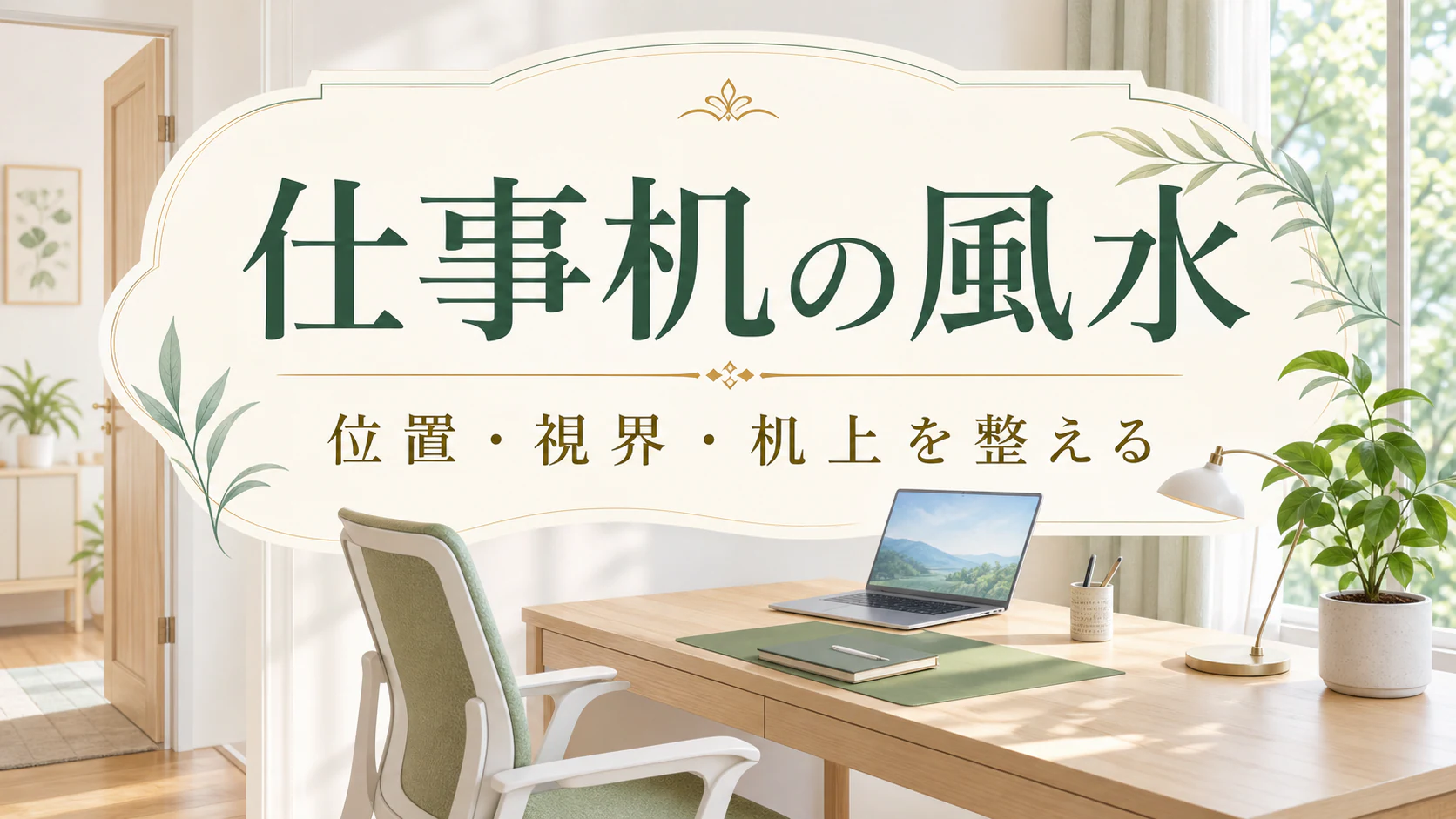 明るい窓辺の仕事机で集中しやすい視界と配置を表したアイキャッチ